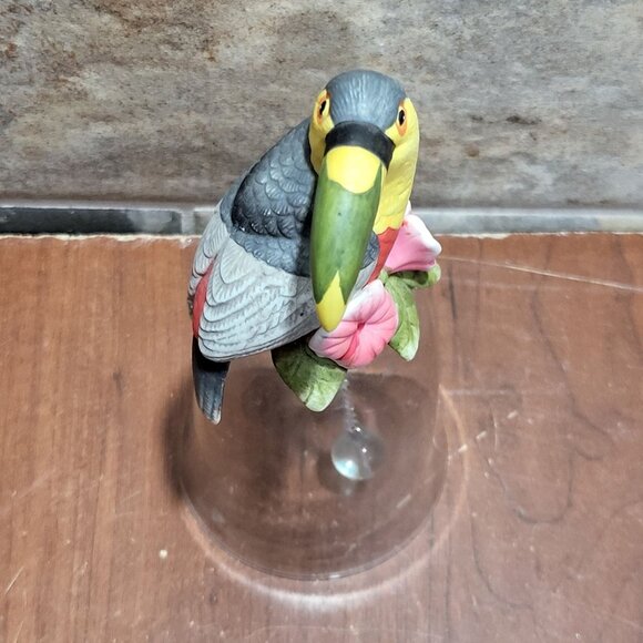 Toucan Bird Figurine on a Glass Bell  Silver Tone Chain Glass Ball - Picture 8 of 9